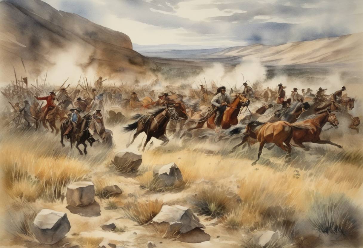 Watercolor painting based depiction of The Mountain Meadows massacre begins in Utah, where a group of Mormon settlers and Paiute Native Americans attack an immigrant wagon train. (1857)