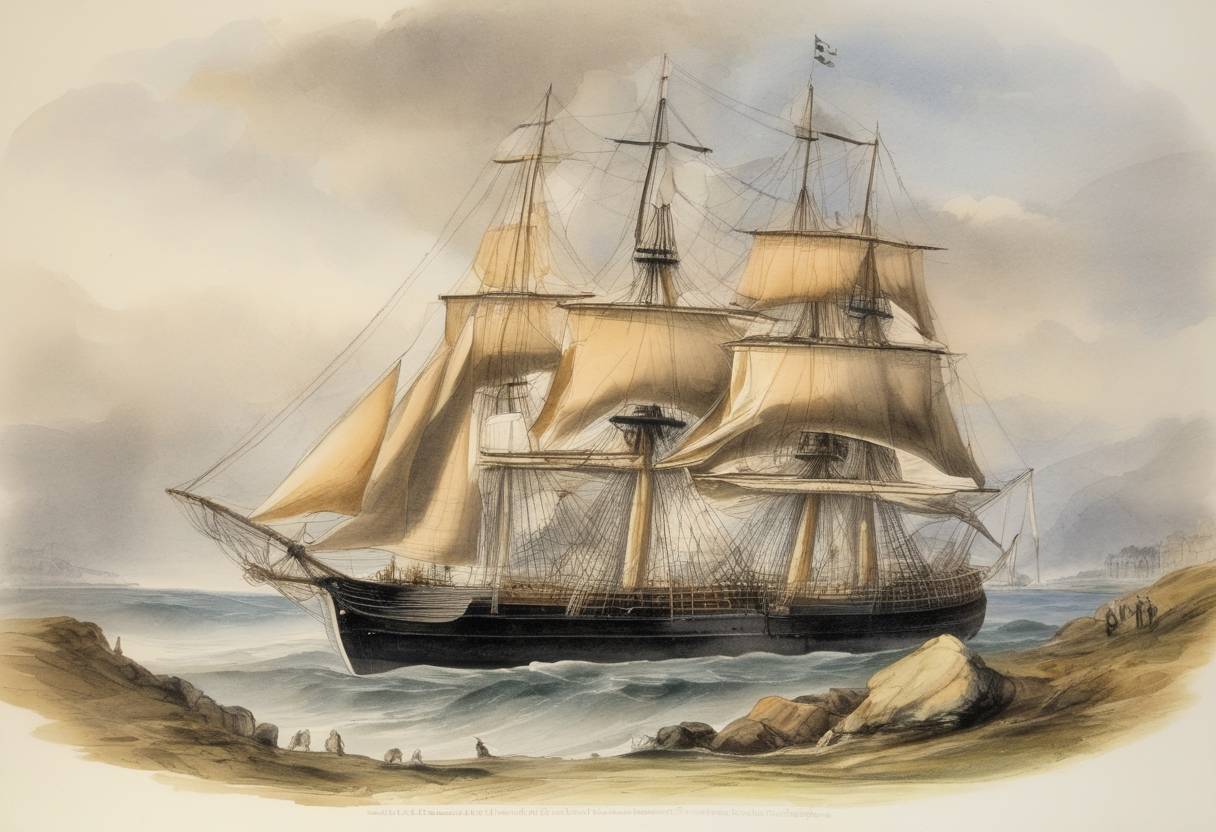 Watercolor painting based depiction of Charles Darwin returned to Falmouth, England, after his five-year voyage on the HMS Beagle. This journey was crucial in developing his theory of evolution by natural selection. (1836)