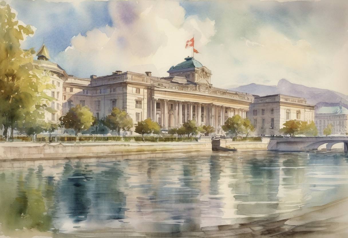 Watercolor painting based depiction of The League of Nations moved its headquarters to Geneva, Switzerland, marking a significant step in its efforts to maintain world peace after World War I. (1920)