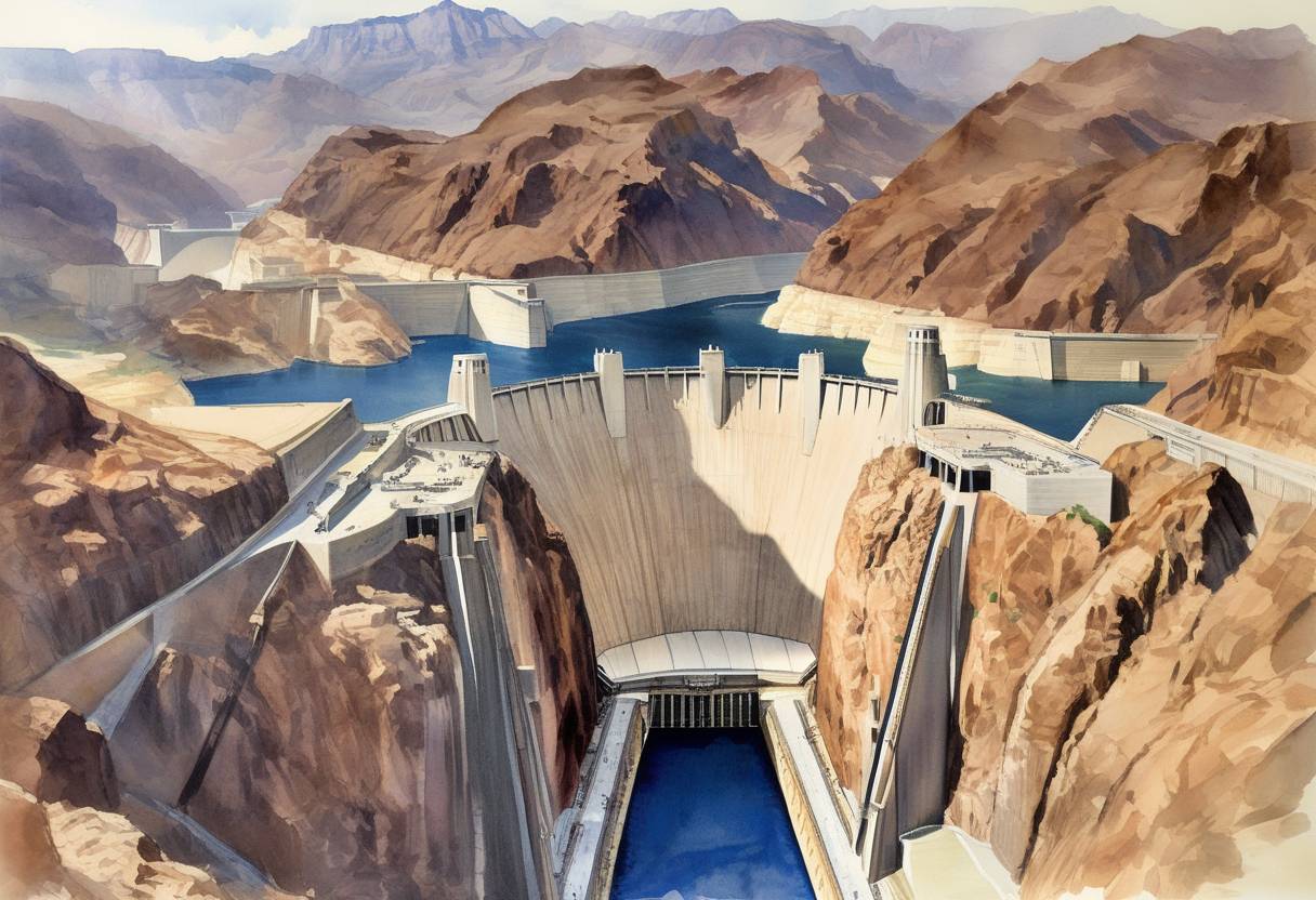 Watercolor painting based depiction of The Hoover Dam was completed, providing water and hydroelectric power to the southwestern United States. (1936)