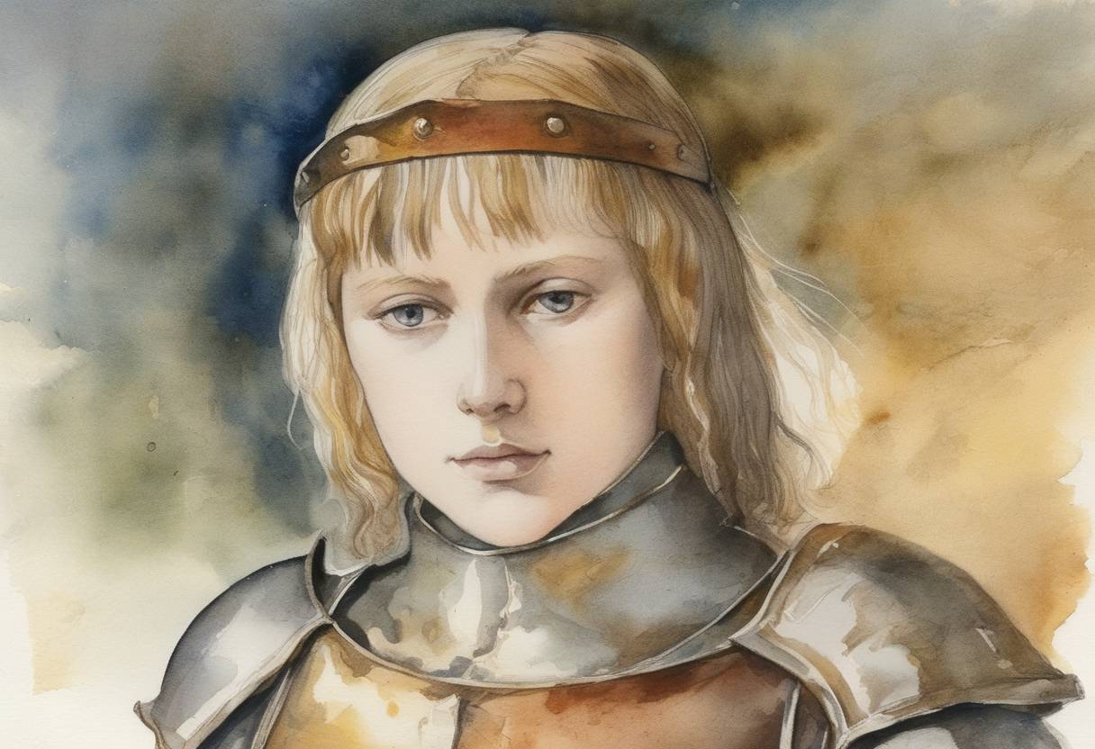 Watercolor painting based depiction of Joan of Arc was born, who would later become a key figure in the Hundred Years' War. (1412)