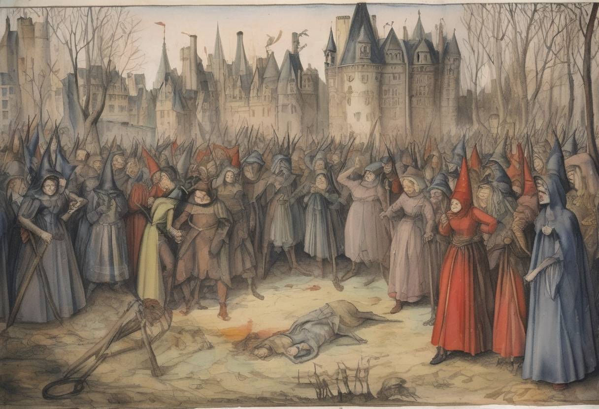 Watercolor painting based depiction of The first trial for witchcraft in Paris took place, marking a significant moment in the history of witch hunts in Europe. (1390)