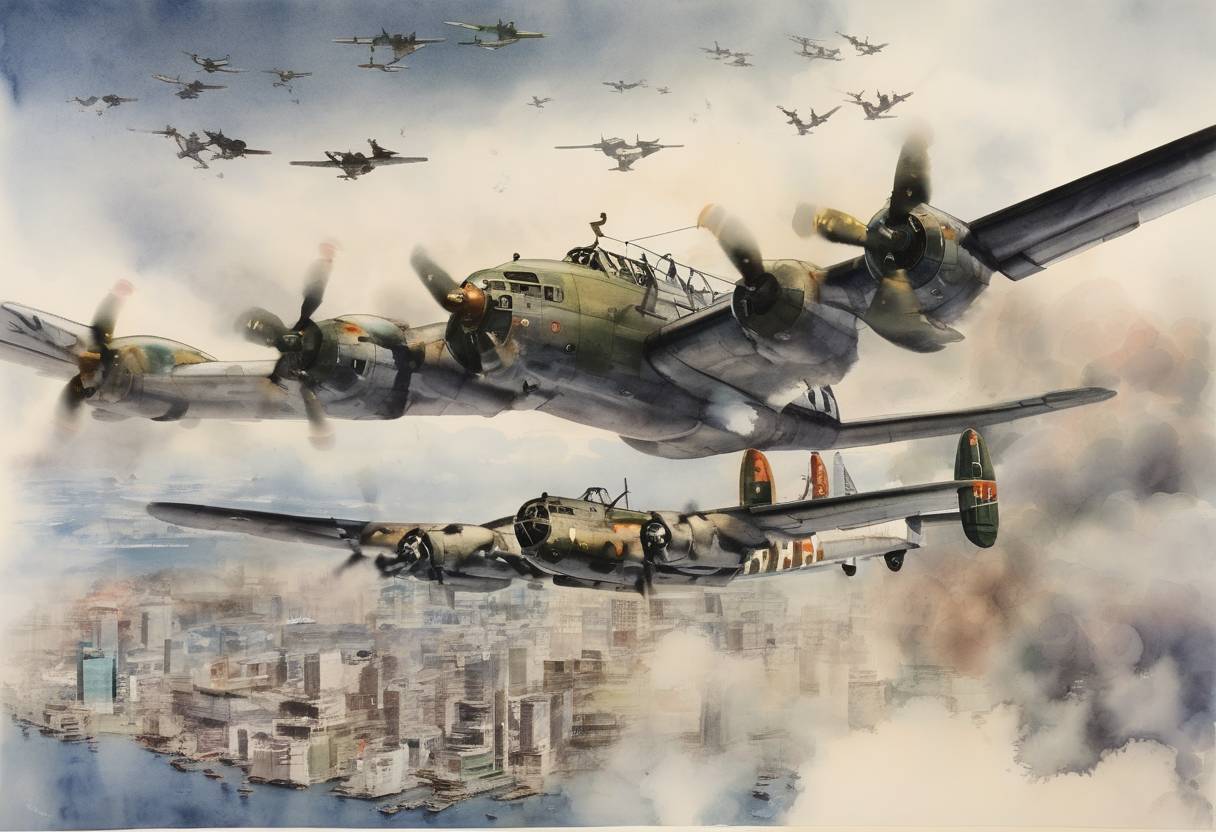 Watercolor painting based depiction of The first bombing raid against Tokyo by American B-29 Superfortress bombers during World War II. (1944)