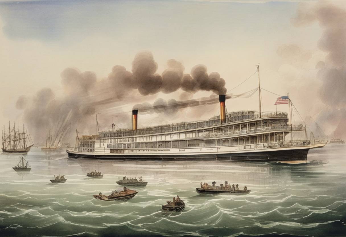 Watercolor painting based depiction of Robert Fulton patents the steamboat. (1809)