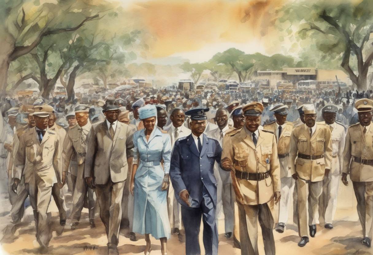 Watercolor painting based depiction of Botswana gains independence from the United Kingdom, with Seretse Khama as its first President. (1966)