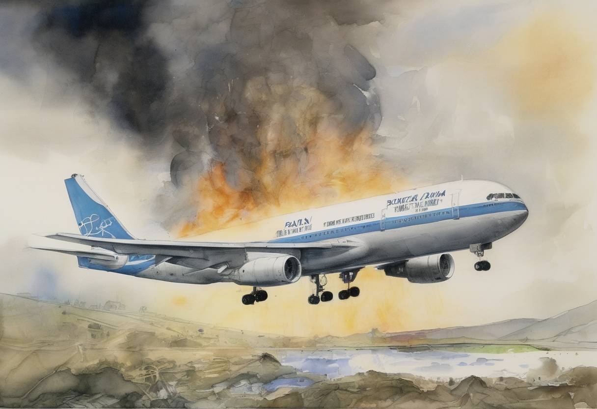 Watercolor painting based depiction of American and British authorities announce indictments against two Libyan intelligence agents for the bombing of Pan Am Flight 103 over Lockerbie, Scotland. (1991)