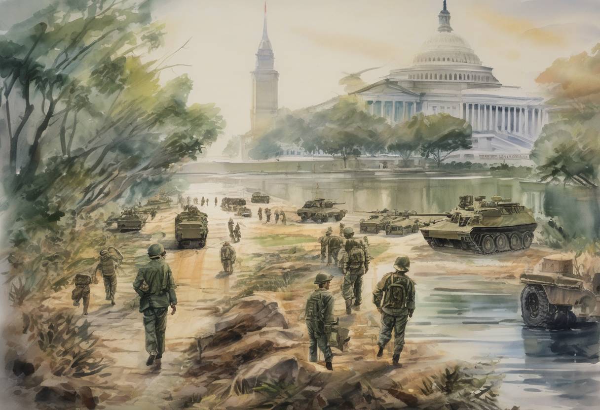 Watercolor painting based depiction of The U.S. Congress placed a $1 billion limit on military aid to South Vietnam, marking a significant step in the winding down of American involvement in the Vietnam War. (1974)