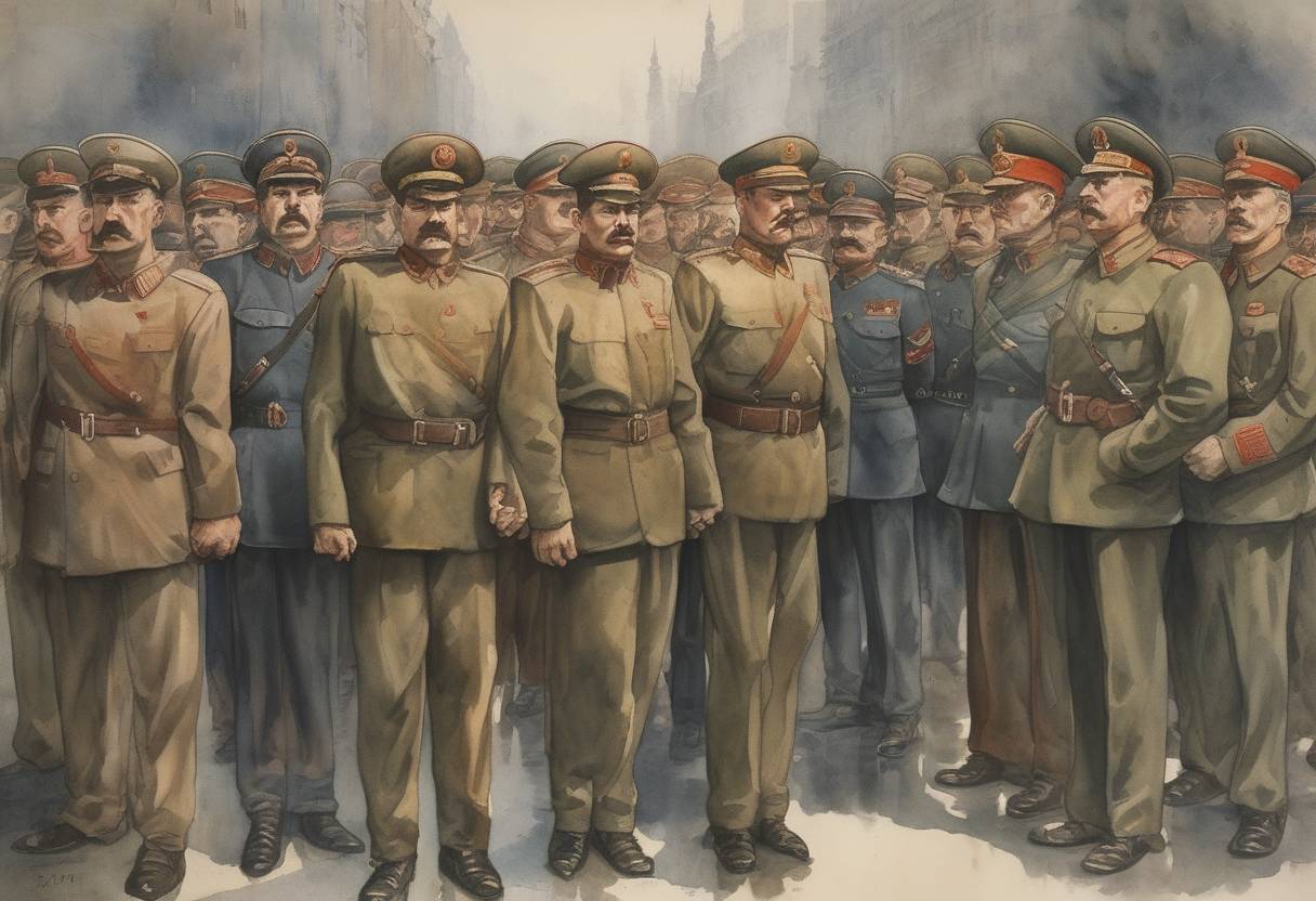 Watercolor painting based depiction of The Soviet Union executes eight army leaders as part of Joseph Stalin's Great Purge, reflecting the intense political repression of the era. (1937)