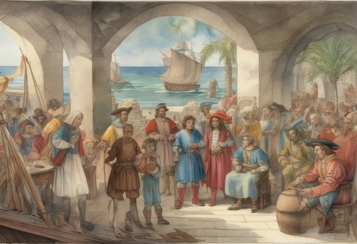 Watercolor painting based depiction of Christopher Columbus discovered Puerto Rico during his second voyage to the Americas. (1493)