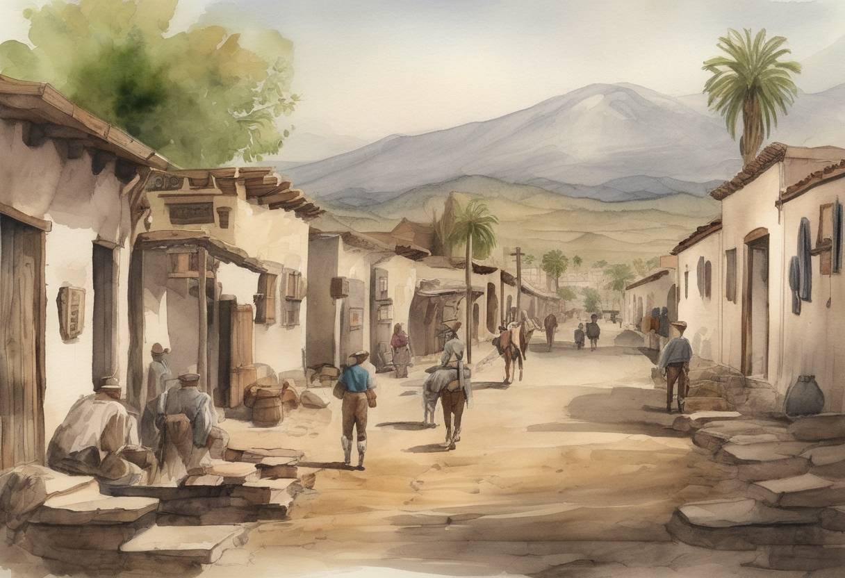 Watercolor painting based depiction of The city of San Jose, California, was founded as Pueblo de San José de Guadalupe, becoming the first civilian settlement in Alta California. (1777)