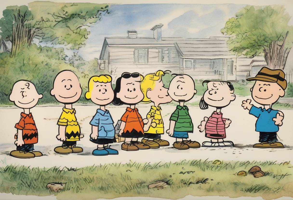 Watercolor painting based depiction of The comic strip 'Peanuts' by Charles M. Schulz was first published in seven newspapers, introducing the world to characters like Charlie Brown and Snoopy. (1950)