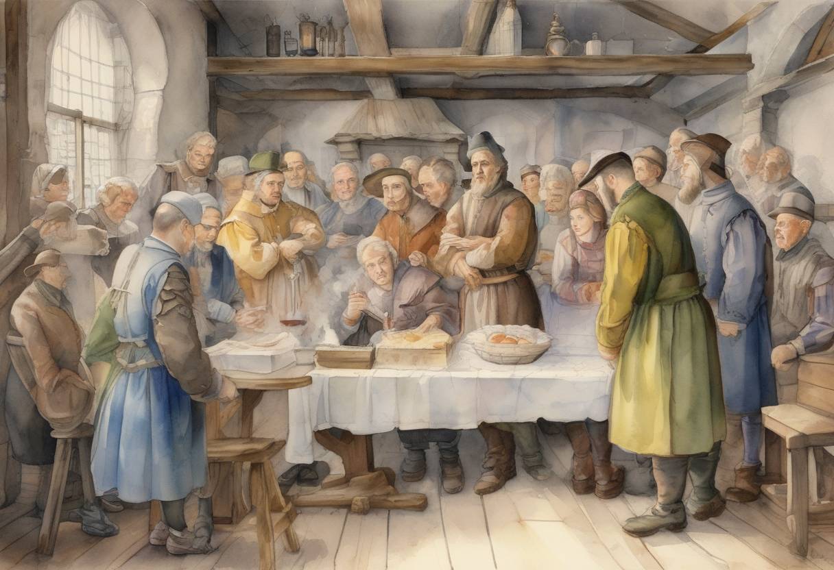 Watercolor painting based depiction of The Swiss Anabaptist Movement is born when Conrad Grebel, Felix Manz, George Blaurock, and others baptize each other in the home of Manz's mother in Zürich, breaking a thousand-year tradition of church-state union. (1525)