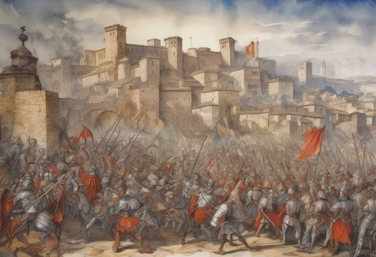 Watercolor painting based depiction of The Revolt of the Comuneros, a popular uprising against the rule of Charles V, Holy Roman Emperor, began in Spain. (1520)