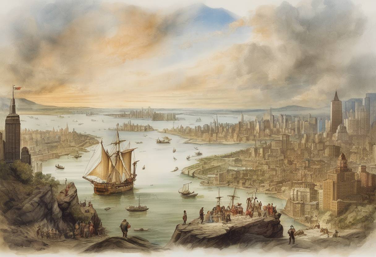 Watercolor painting based depiction of Henry Hudson discovered Manhattan Island and the indigenous people living there. (1609)