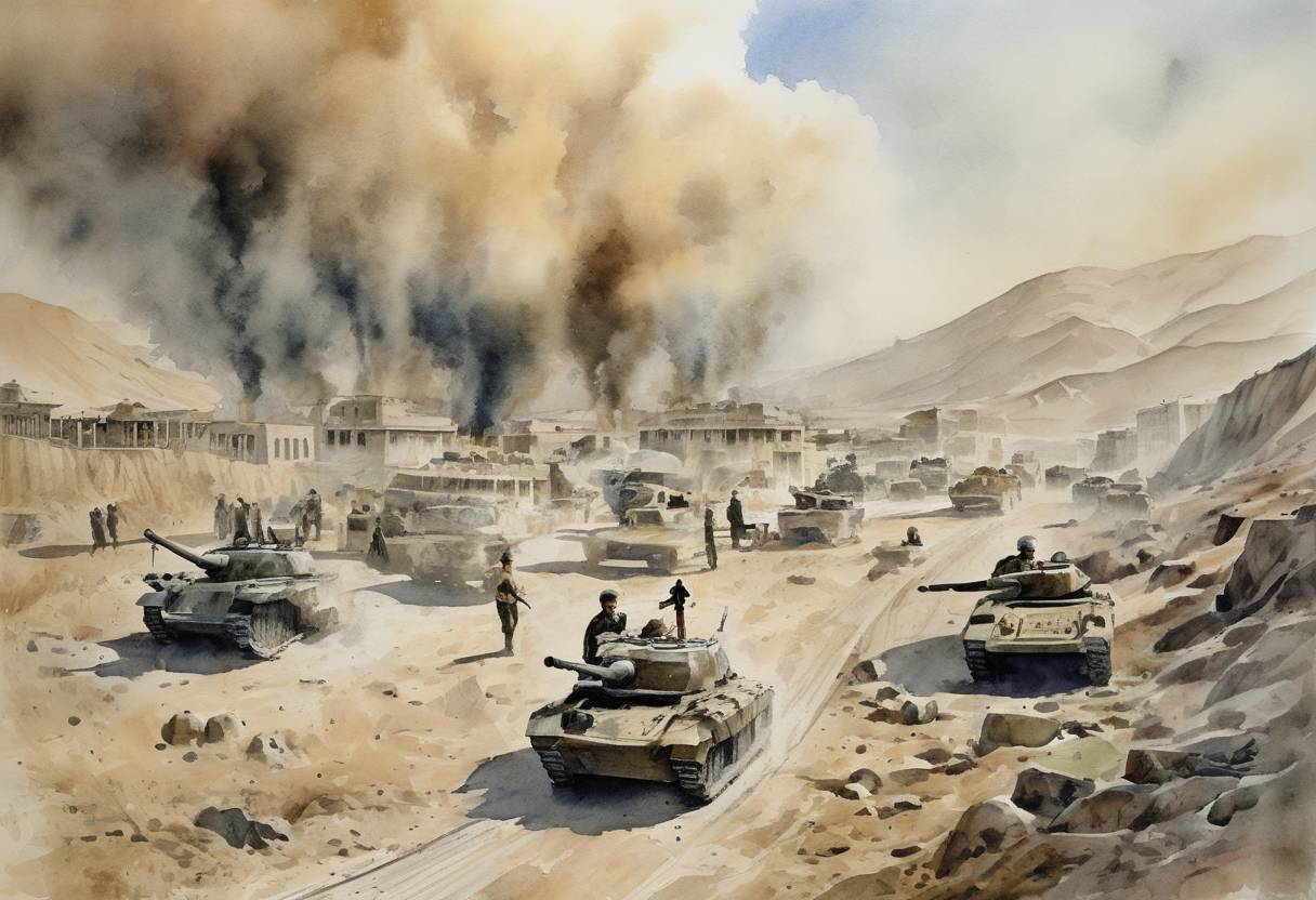 Watercolor painting based depiction of The Soviet Union invaded Afghanistan, marking the beginning of a decade-long conflict. This invasion led to widespread international condemnation and was a significant event in the Cold War era. (1979)