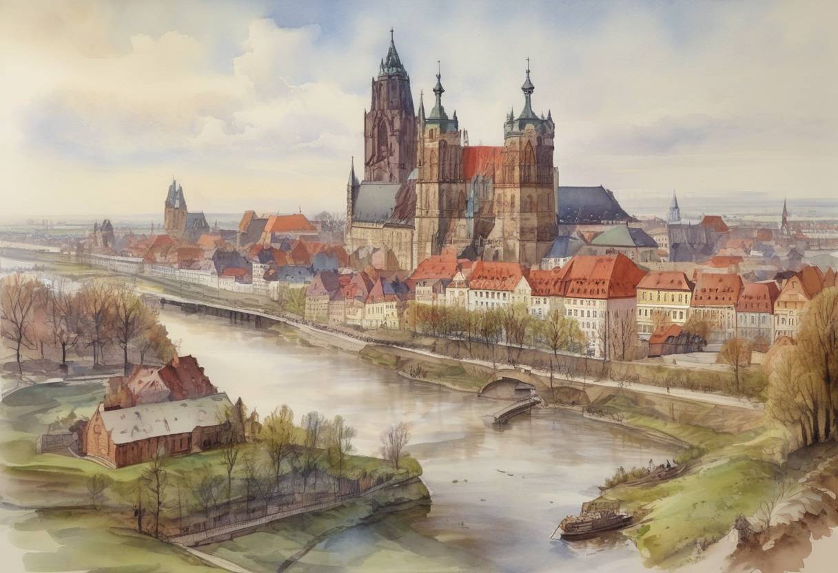 Watercolor painting based depiction of On March 31, 988, the city of Magdeburg was granted the status of an archbishopric by Emperor Otto III. This event was significant in the Christianization and political consolidation of the Holy Roman Empire. (988)