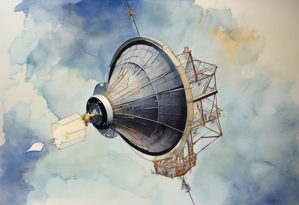 Watercolor painting based depiction of The first commercial communications satellite, Intelsat I (nicknamed 'Early Bird'), was launched into geosynchronous orbit. (1965)