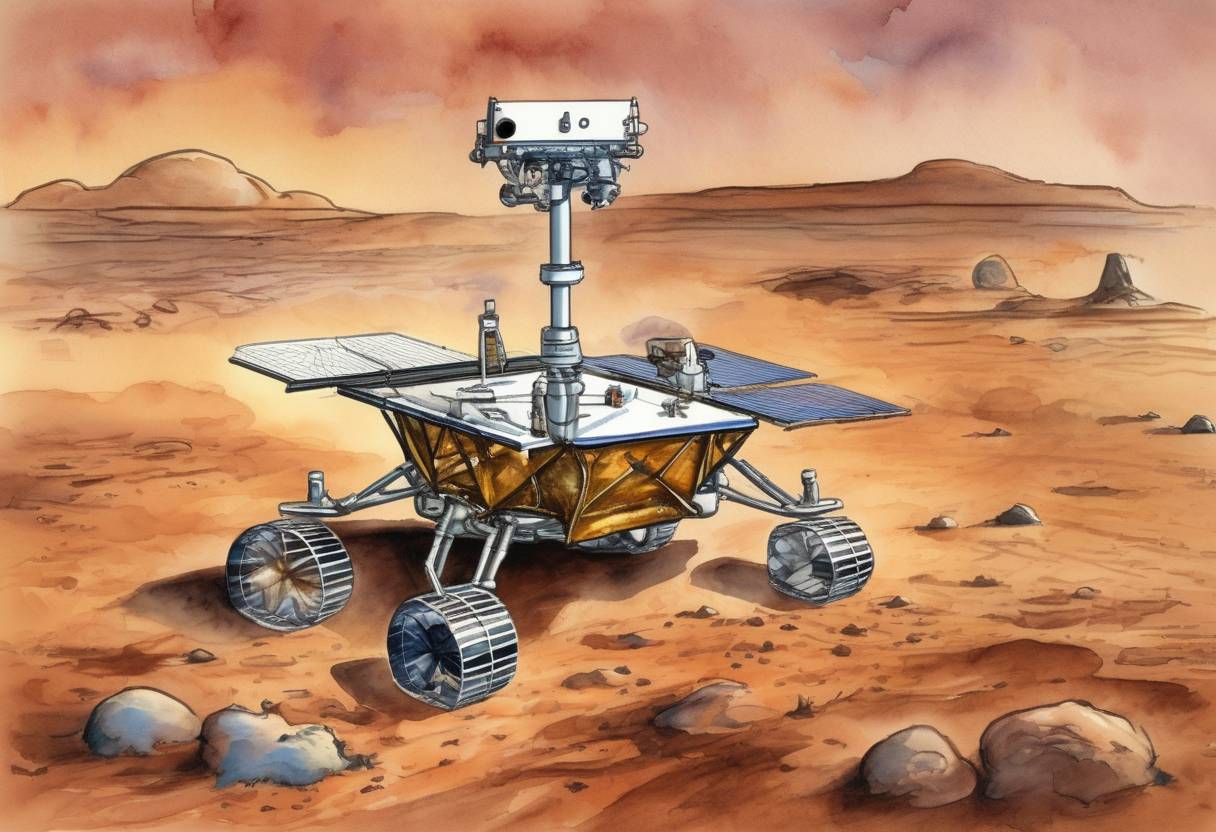 Watercolor painting based depiction of NASA's Pathfinder space probe lands on Mars, beginning its mission to explore the Martian surface. (1997)