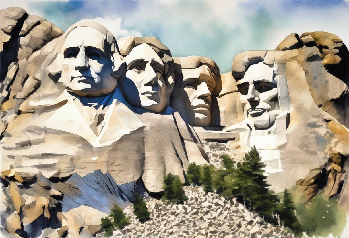 Watercolor painting based depiction of After 14 years of work, Mount Rushmore is completed in South Dakota. (1941)