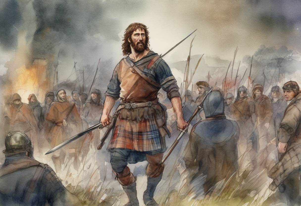 Watercolor painting based depiction of William Wallace, leader of the Scottish resistance against England, was captured by the English near Glasgow. (1305)