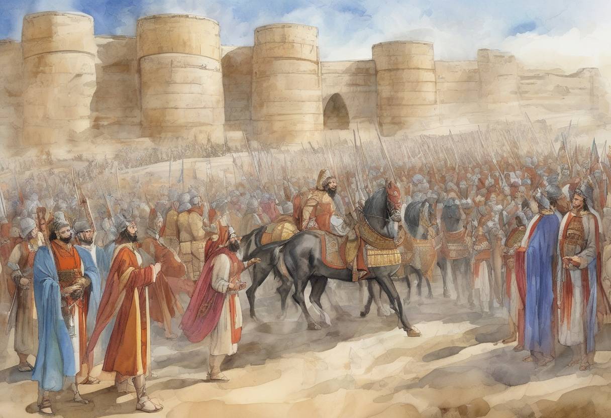 Watercolor painting based depiction of Shapur I becomes king of the Sasanian Empire, succeeding his father Ardashir I. Shapur I is known for his military campaigns against the Roman Empire and his efforts to consolidate and expand the Sasanian Empire. (240)