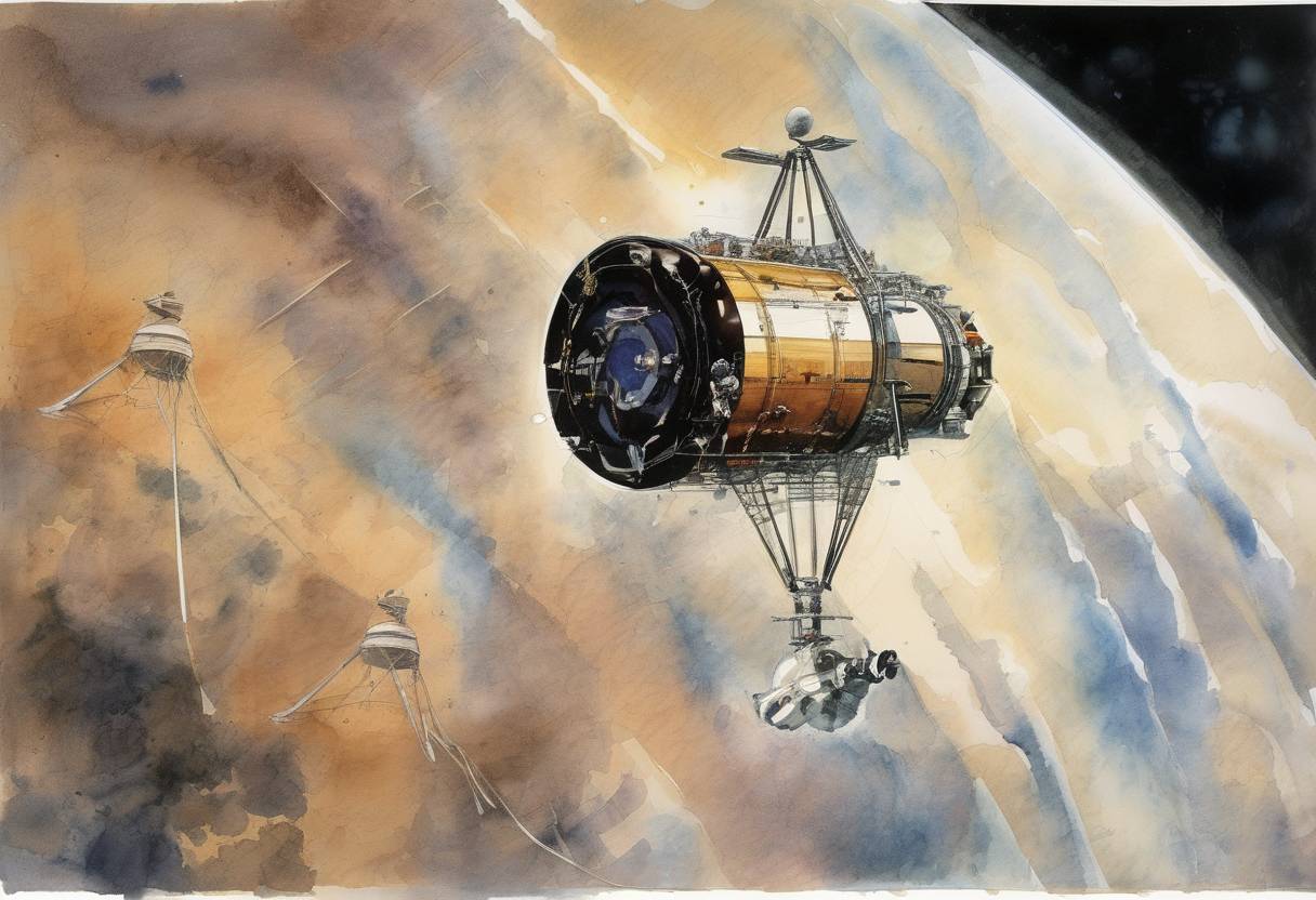 Watercolor painting based depiction of Mariner 9, a NASA spacecraft, was launched to Mars. It became the first spacecraft to orbit another planet, providing detailed images and data about the Martian surface and atmosphere. (1971)