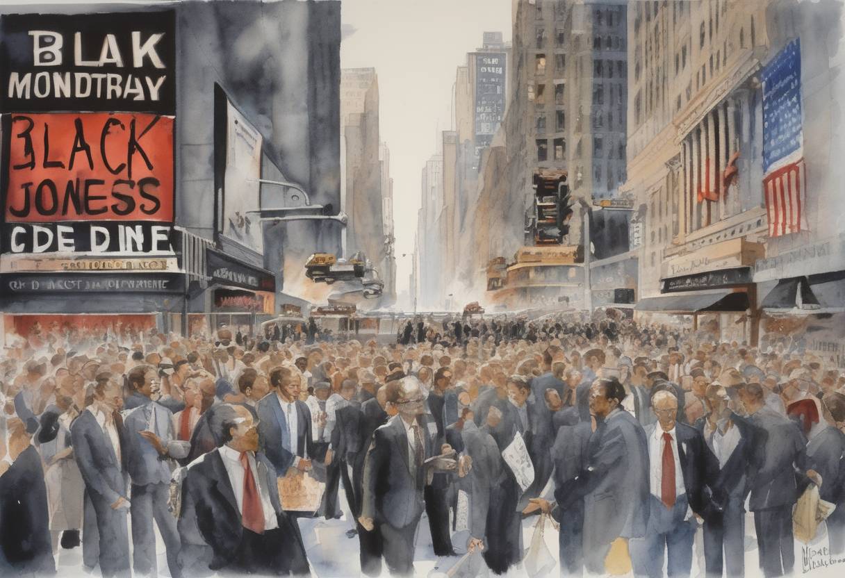 Watercolor painting based depiction of The stock market crash known as "Black Monday" occurs, with the Dow Jones Industrial Average falling by 22.6%, the largest one-day percentage decline in history. (1987)