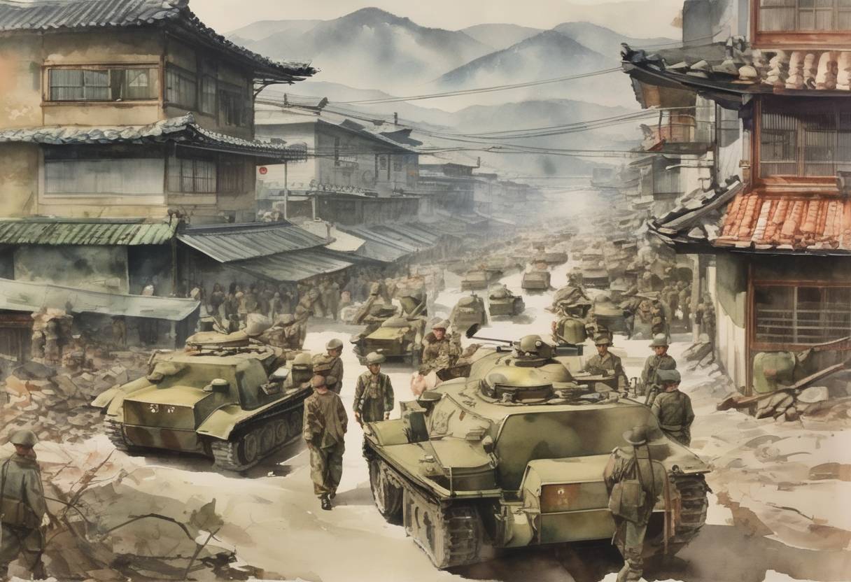 Watercolor painting based depiction of During the Korean War, United Nations forces recapture Seoul from Chinese and North Korean forces. (1951)