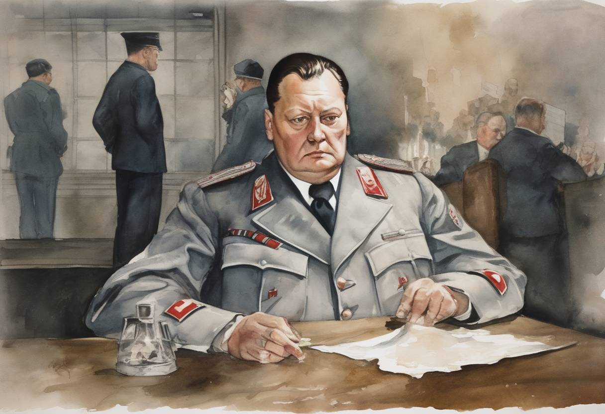 Watercolor painting based depiction of Hermann Göring, a leading member of the Nazi Party, commits suicide the night before his scheduled execution after being convicted at the Nuremberg Trials. (1946)