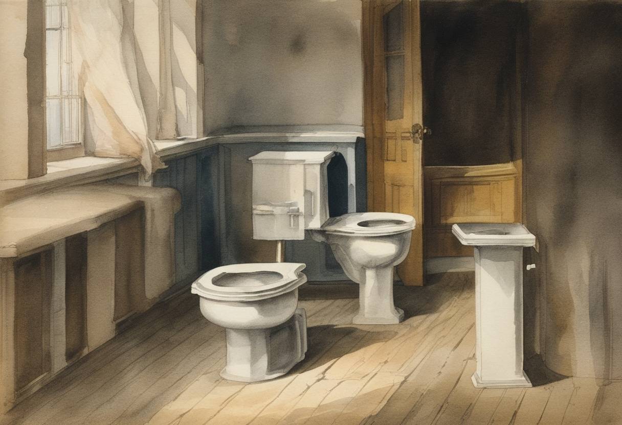 Watercolor painting based depiction of First personal toilet system was patented by George Berry in the United States. (1800)