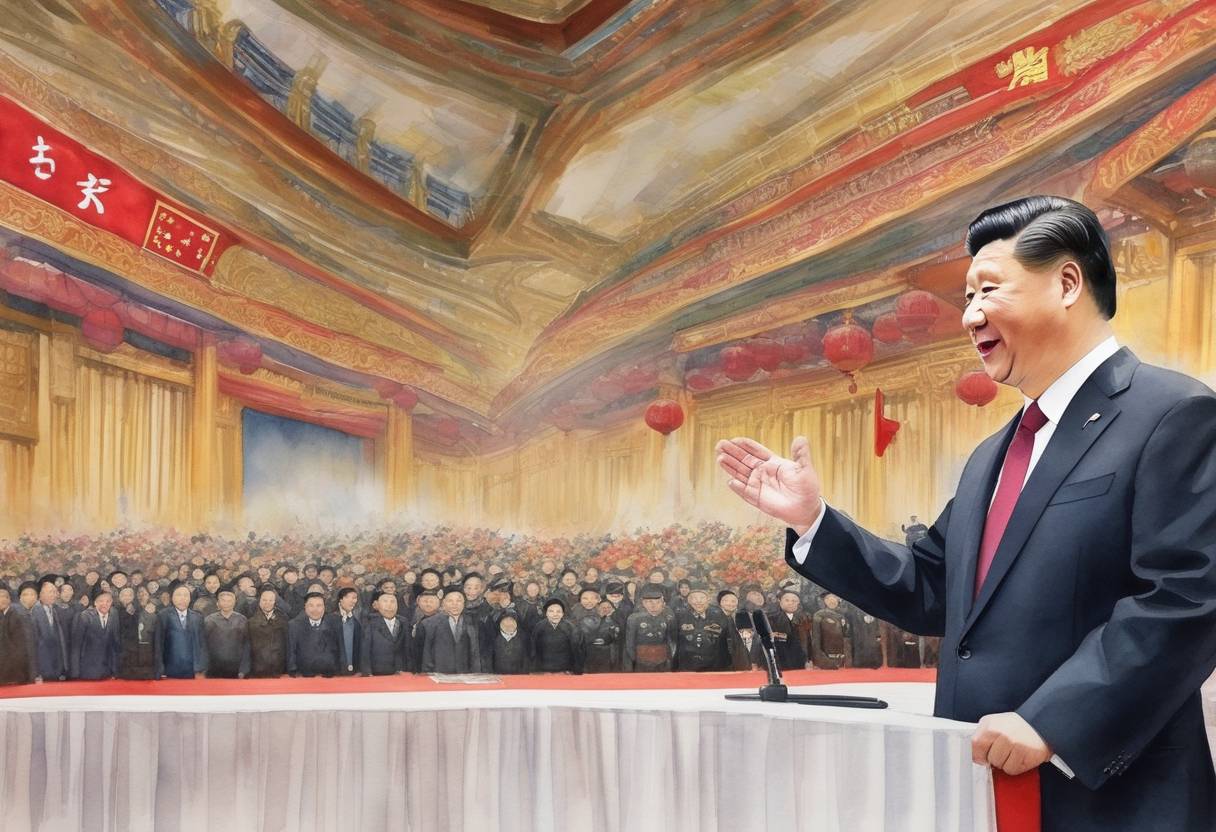 Watercolor painting based depiction of President Xi Jinping of China addressed the nation in a speech that reflected on the achievements of the past year and laid out the Chinese government's priorities for the Winter Olympics hosted in Beijing. (2022)