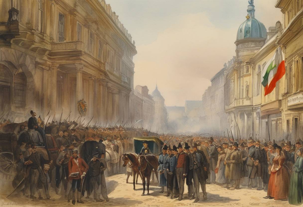 Watercolor painting based depiction of Hungarian Republic proclaimed in the midst of the Hungarian Revolution of 1848, marking a significant moment in Hungary's struggle for independence from the Austrian Empire. (1849)