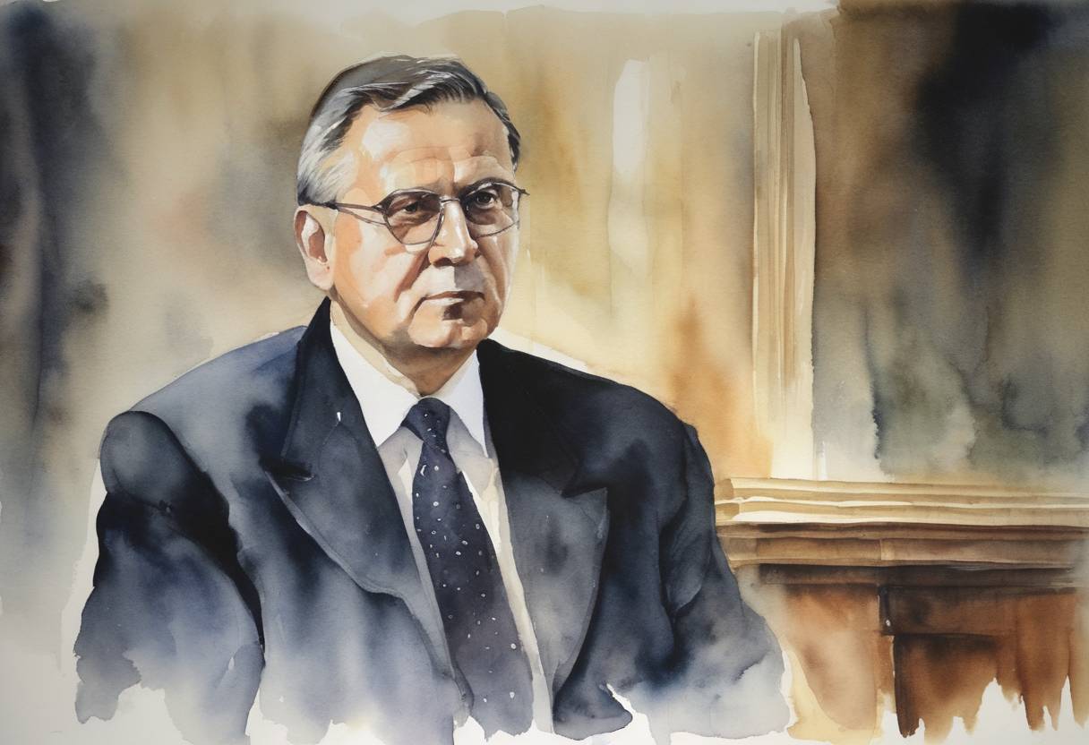 Watercolor painting based depiction of The Serb opposition leader Vojislav Koštunica was inaugurated as the President of Yugoslavia, marking the end of Slobodan Milošević's era in power after he conceded defeat in the wake of mass protests. (2000)