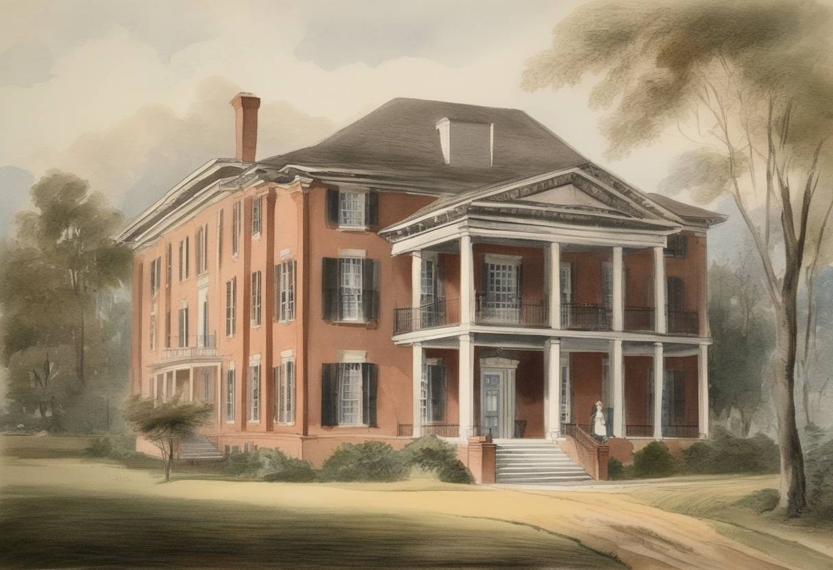 Watercolor painting based depiction of The Alpha Delta Pi sorority was founded at Wesleyan Female College in Macon, Georgia, as the Adelphean Society, becoming the first secret society for women. (1851)
