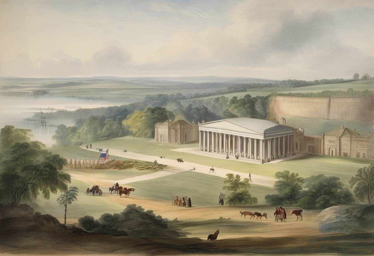 Watercolor painting based depiction of The United Kingdom and the United States signed the Clayton–Bulwer Treaty, which resolves some territorial disputes between the two countries, particularly regarding Central America and the construction of any future canal across the Isthmus of Panama. (1858)