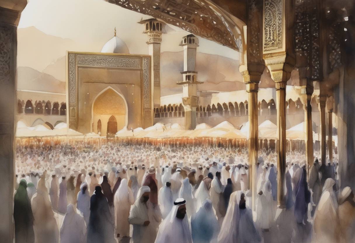 Watercolor painting based depiction of Eid al-Adha holiday ends in several countries, marking the completion of the Hajj pilgrimage. (2019)