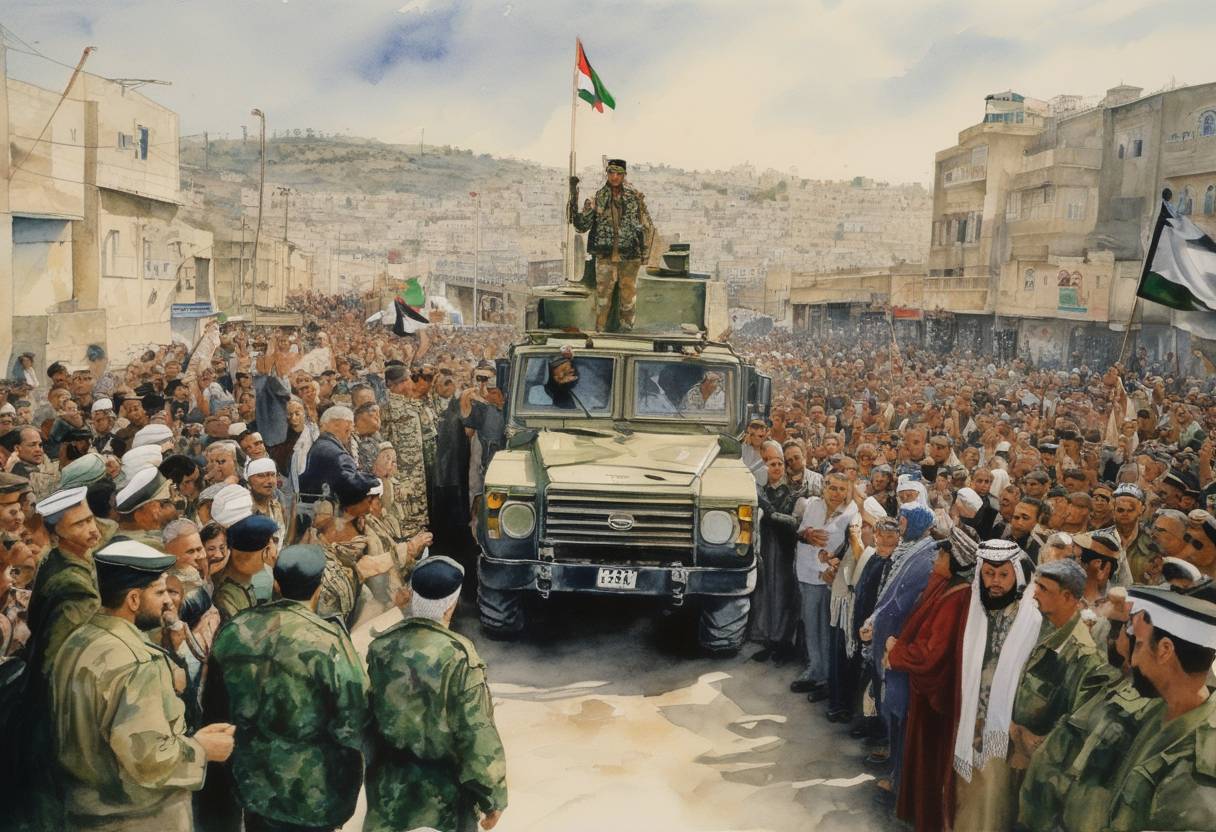 Watercolor painting based depiction of Yasser Arafat returned to Hebron after more than 30 years and joined celebrations over the signing of the Hebron Protocol, which called for the redeployment of Israeli troops in Hebron. (1997)