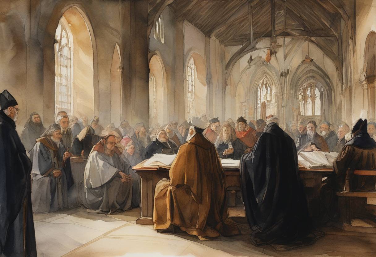 Watercolor painting based depiction of The Synod of Breslau convened under the auspices of Bishop Thomas of Wrocław, where significant ecclesiastical reforms were deliberated and decisions made affecting religious practices and clerical conduct. (1267)