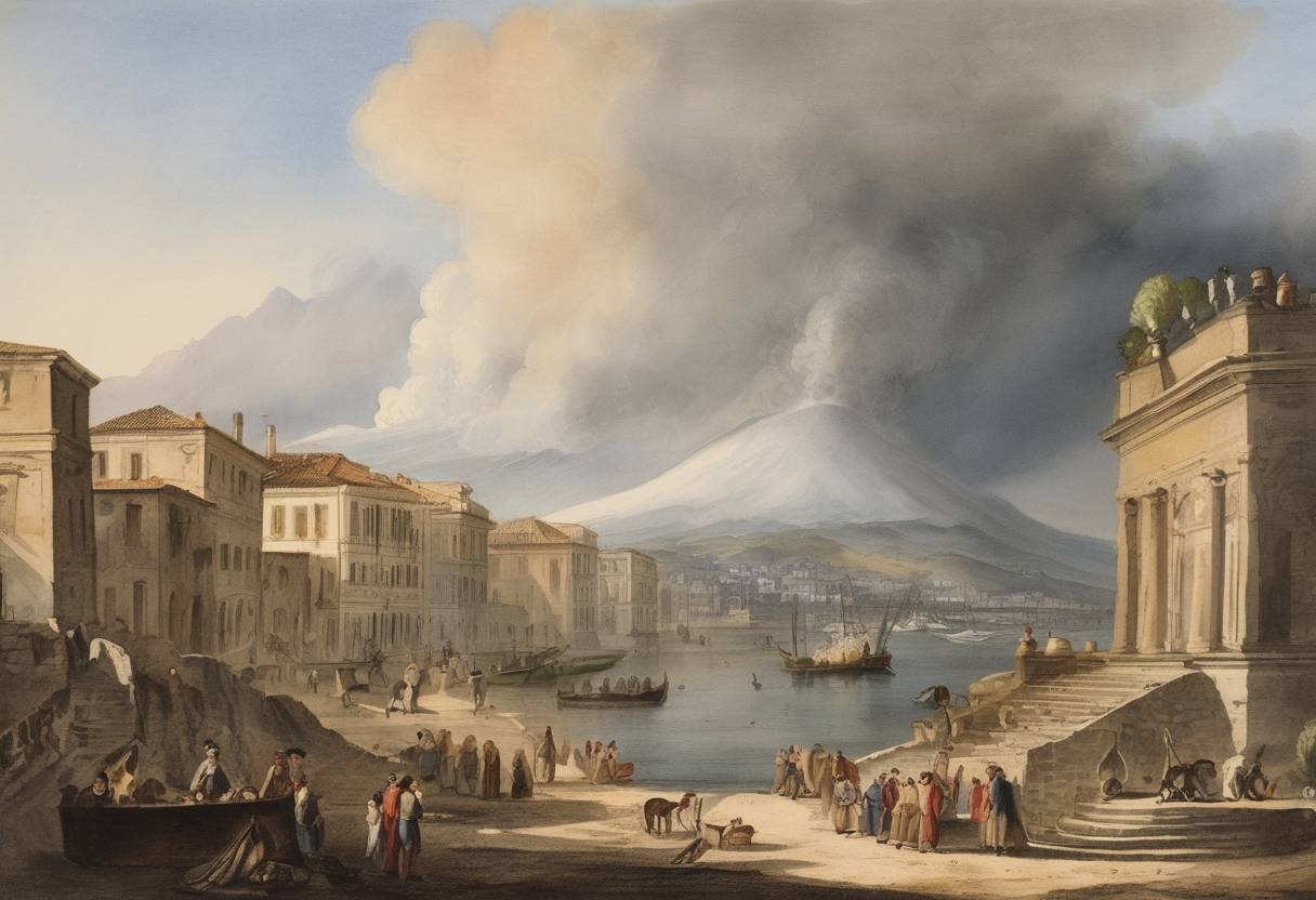 Watercolor painting based depiction of The 'Gentleman’s Magazine' reports an eruption of Mount Vesuvius, a significant volcanic event in Italy. (1733)