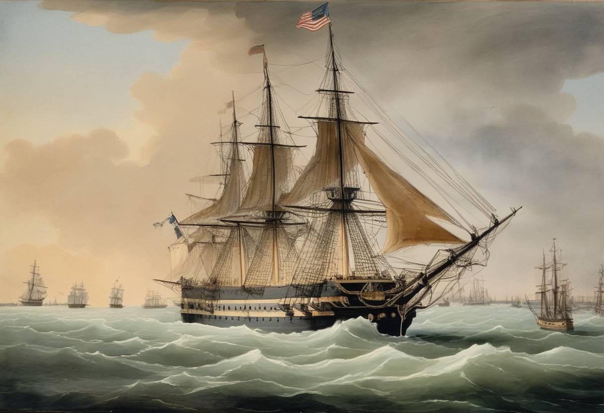Watercolor painting based depiction of The Navy Act of 1794 is signed by President George Washington, authorizing the construction of six frigates, marking the foundation of the United States Navy. (1794)