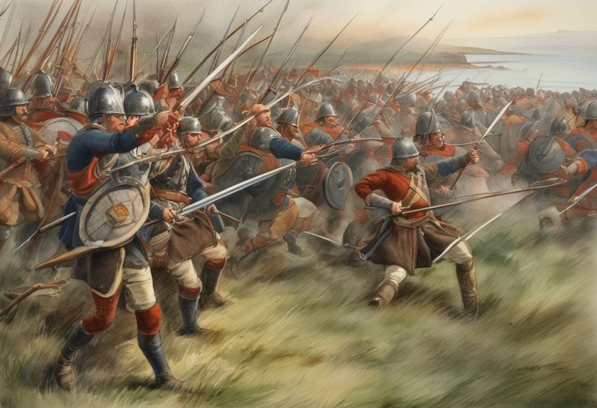 Watercolor painting based depiction of The Battle of Dunbar took place during the First War of Scottish Independence. English forces under King Edward I defeated the Scots, leading to his occupation of Scotland. (1296)