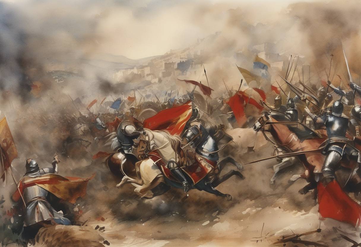 Watercolor painting based depiction of The Battle of Fraga takes place during the Aragonese Conquest of Muslim territories in Spain. (1131)