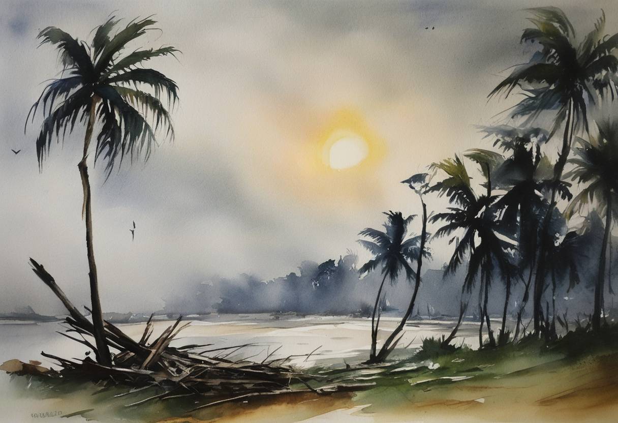 Watercolor painting based depiction of Cyclone Sidr struck the Khulna Division of Bangladesh, causing widespread destruction. With winds reaching 240 km/h, it led to over 3,000 fatalities and displaced millions, making it one of the worst storms in the country's history. (2007)