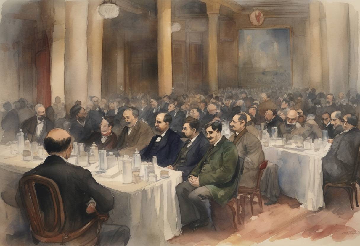 Watercolor painting based depiction of The first International Opium Convention, aimed at combating the opium trade and drug addiction, comes into effect. (1912)