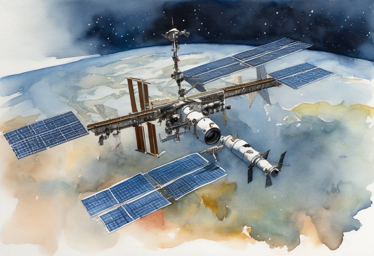 Watercolor painting based depiction of The International Space Station (ISS) surpassed a major milestone by completing 57,361 orbits around the Earth since its launch in 1998. (2010)