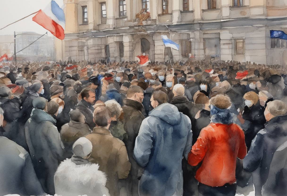 Watercolor painting based depiction of Protests occurred across Russia against the detention of opposition leader Alexei Navalny following his return to the country from Germany, where he had been recovering from a poisoning attempt. (2021)