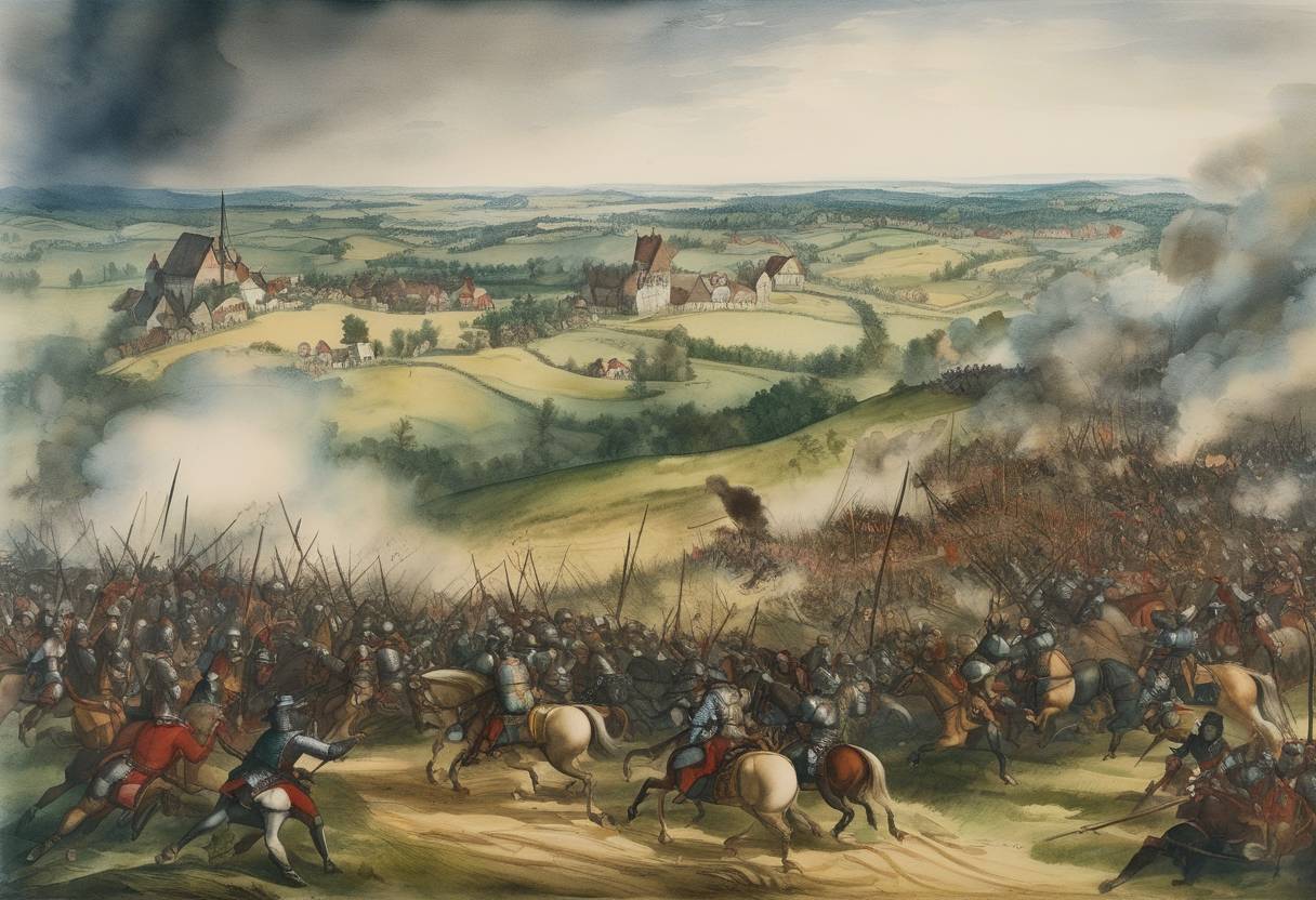 Watercolor painting based depiction of The Battle of Frankenhausen took place during the German Peasants' War, ending in a decisive victory for the princely forces led by Philip I, Landgrave of Hesse, and George, Duke of Saxony, over the insurgent peasants. (1525)
