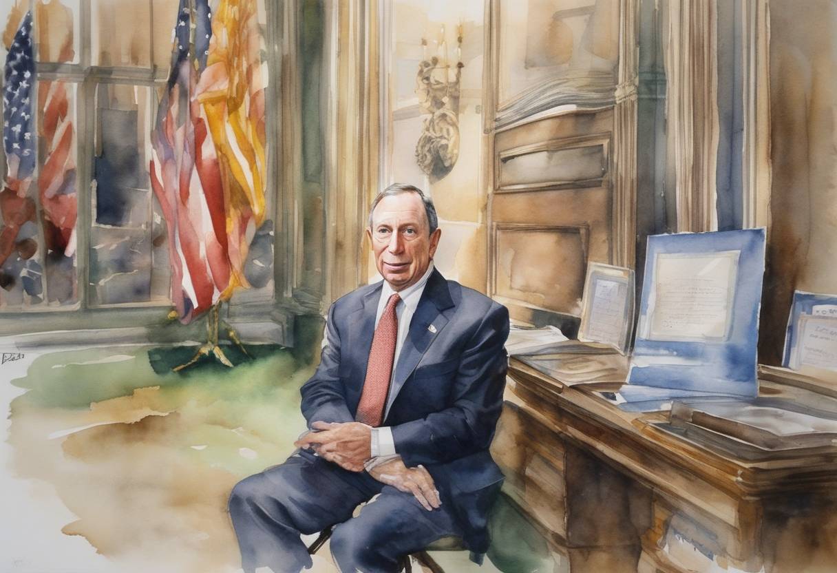 Watercolor painting based depiction of Michael Bloomberg was elected the 108th Mayor of New York City, marking the start of his three-term tenure. (2001)