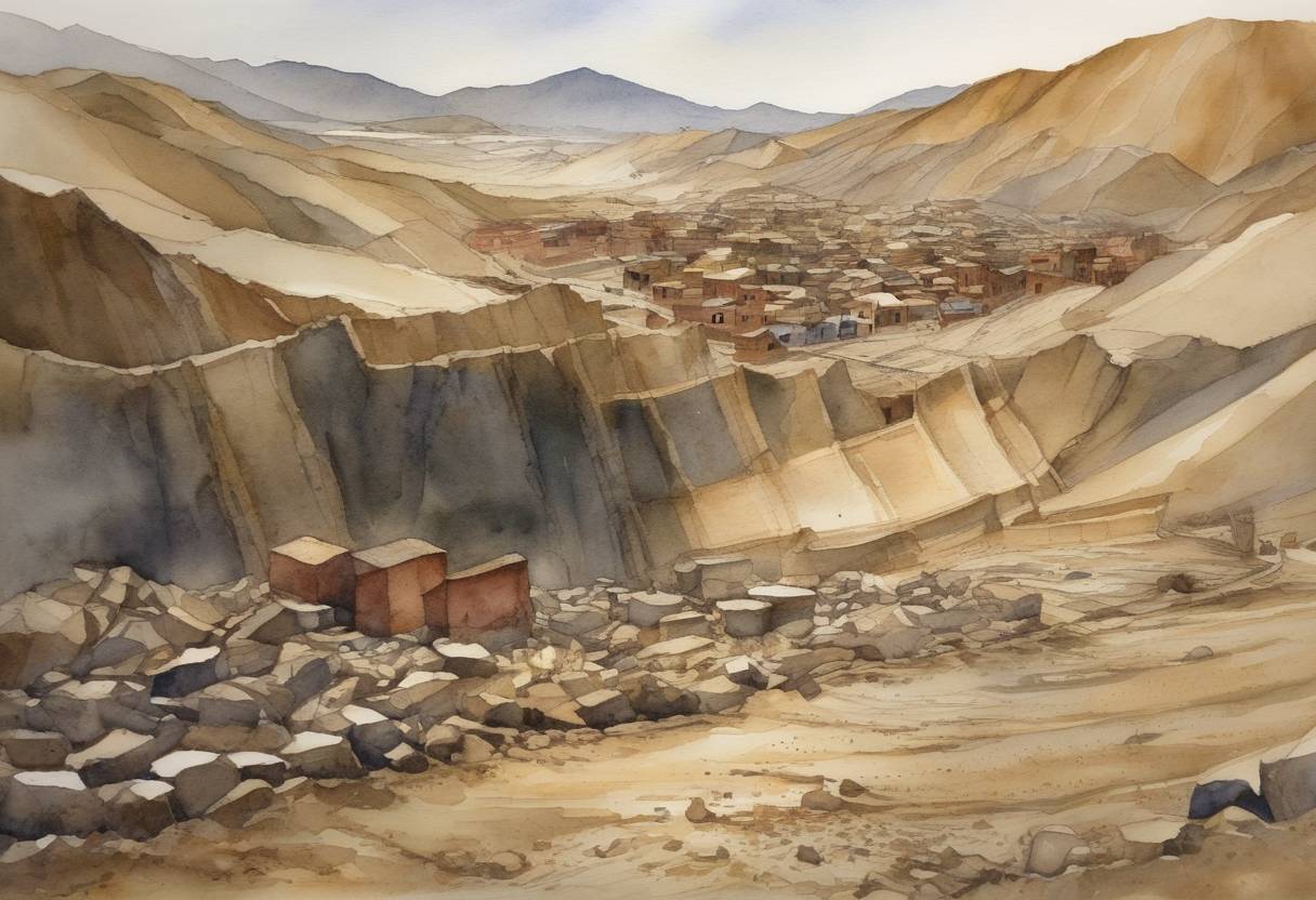 Watercolor painting based depiction of An earthquake measuring 8.0 on the moment magnitude scale struck Peru, resulting in significant damage and around 500 fatalities. Its epicenter was located near the city of Pisco. (2007)