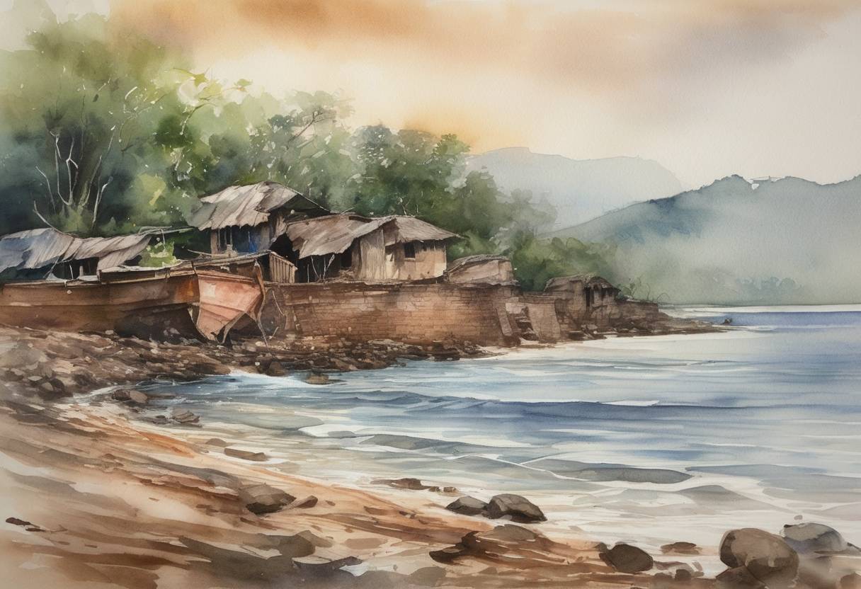 Watercolor painting based depiction of Lake Tanganyika Earthquake struck near an area that borders the Democratic Republic of the Congo and Tanzania with a magnitude of 6.8. (2013)